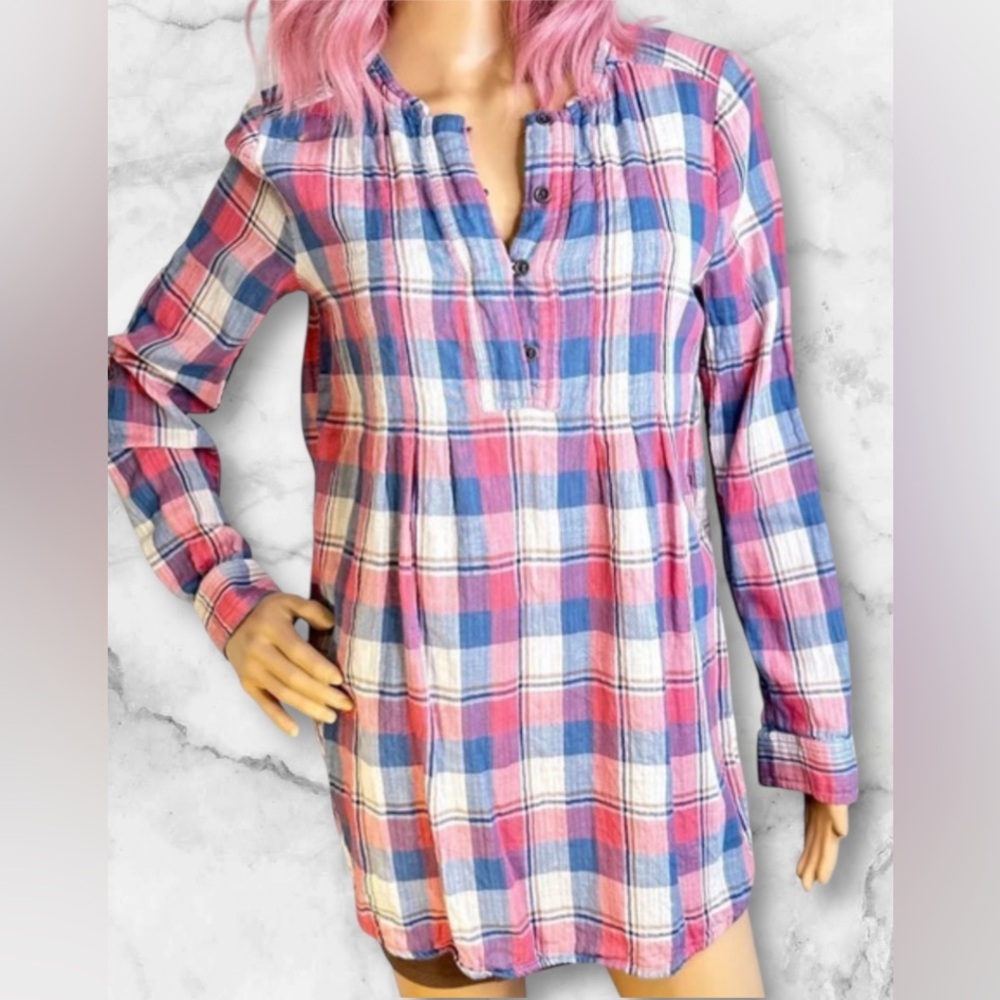 Anthropologie Holding Horses High Low Pink Blue Plaid Tunic Top Western Size 4 - Picture 16 of 16